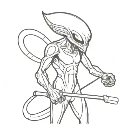 Alien With Hockey Stick Over Shoulder