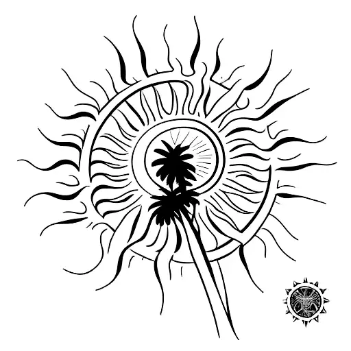 A Palm Tree Silhouette With The Sun Setting Behind It On A Sandy Beach