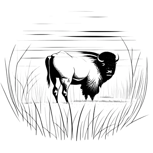 Silhouette Of An American Bison Standing In Tall Grass Against A Striped Sunset