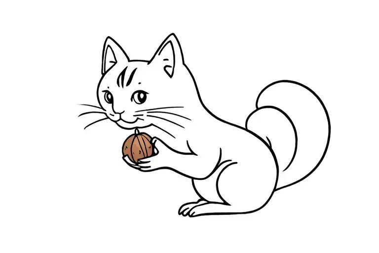Tabby Cat Playing With A Squirrel Holding A Walnut