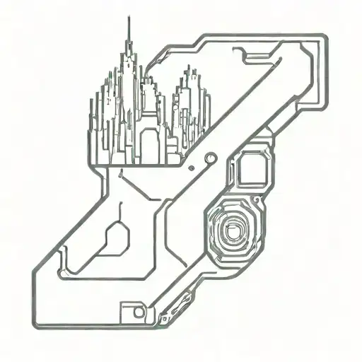 Cyberpunk Cityscape With Integrated Circuit Patterns And Gun Motifs