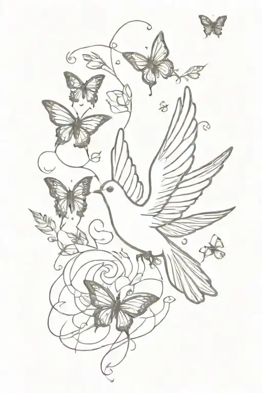 Dove And Butterflies Flying