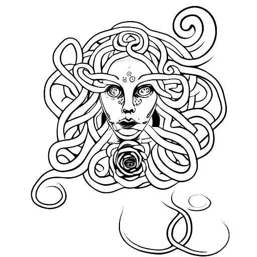 Minimalist Design Of Medusa With Snakes And Roses