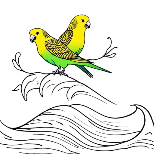 Two Budgies One Yellow And The Other Green With A Yellow Head Perched On An Ocean Wave