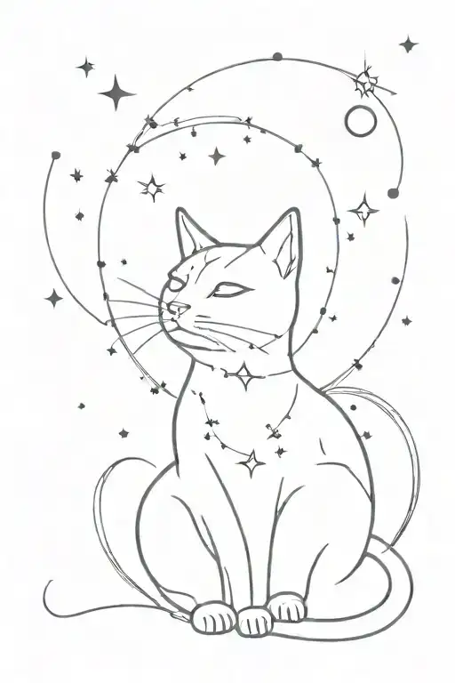 Cat Made Out Of Constellations Playing With The Moon In Space