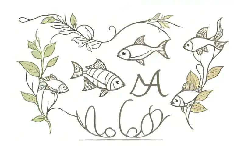 Signs Aquarius And Fish With Leaves Tattoo