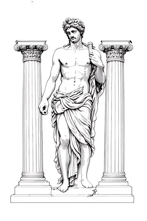 Apollo Greek God And Greek Pillars Slightly Crumbling