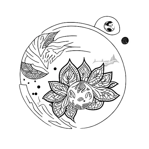 A Tattoo Design Combining Artsy Elements With A Moon And Nature Motifs Like Leaves And Flowers
