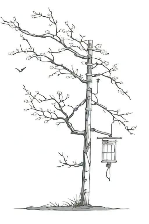 Cherry Blossom Tree Next To Powerline Pole