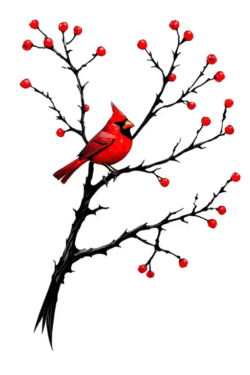 Hawthorn Tree Branch With Cardinal Perched