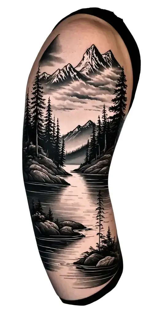A Black An Grey Tattoo Of A River Mountain Forest Lake