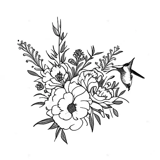 Flower Bouquet With Larkspur Peonies And A Hummingbird Tattoo