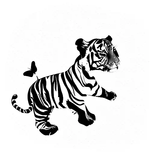 Baby Tiger With Butterfly With The Date 11 December 2020 Written Tattoo