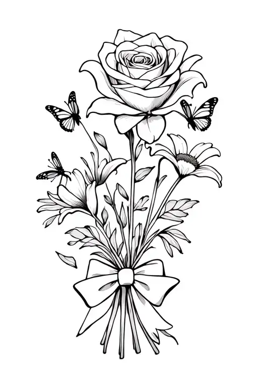 Bouquet With A Rose A Lily And A Daisy With A Bow And Butterflies Tattoo