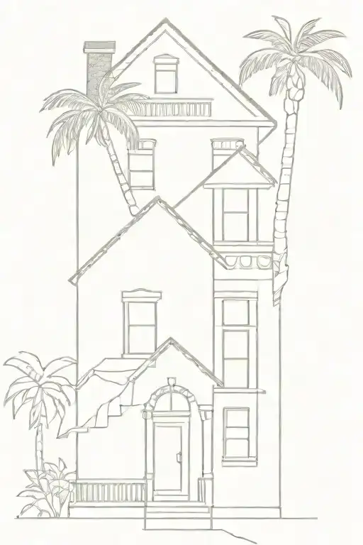 Simple Thin Line Drawing Of A San Francisco Victorian House With A California Palm Tree On The Left