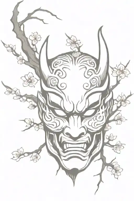 Oni Mask Sleeve Tattoo And Cherry Blossom Tree