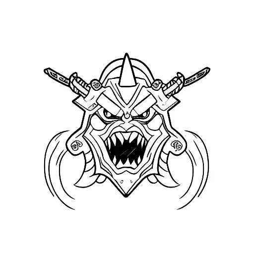 Oni Mask Split In Half Minimalist Design With Sword