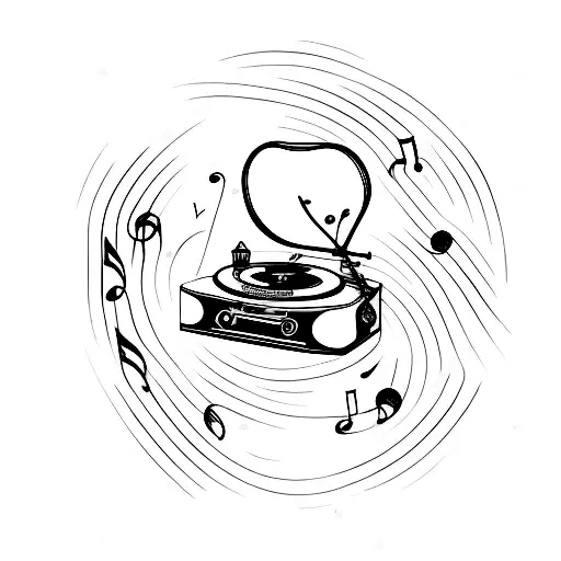 A Minimalist Tattoo Of A Vintage Record Player With Music Notes Floating Out Of It