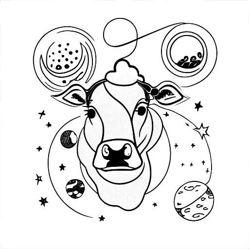 A Minimalist Tattoo Of A Cow Floating In Outer Space Surrounded By Stars And Planets Tattoo