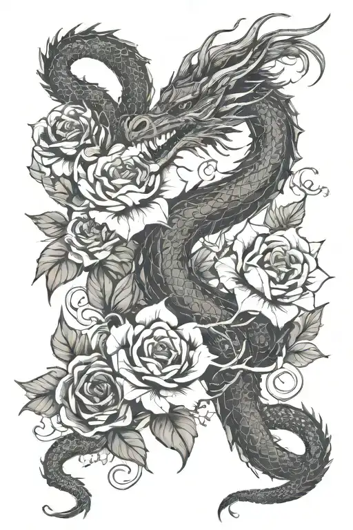 Flowers And Dragon Intertwined