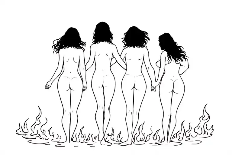 Four Women On Their Backs Dancing Naked Around A Fire