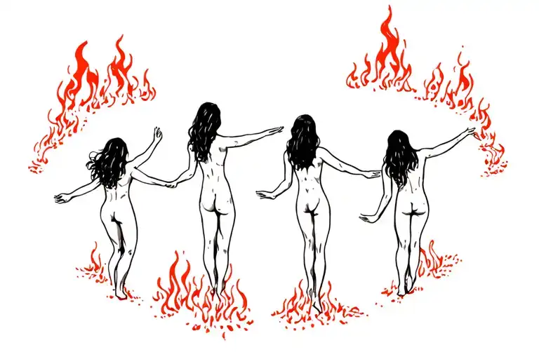 Four Women On Their Backs In Circle Dancing Naked Around A Fire