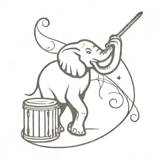 An Abstract Tattoo Of A Dancing Elephant Holding A Paintbrush And Surrounded By Musical Instruments