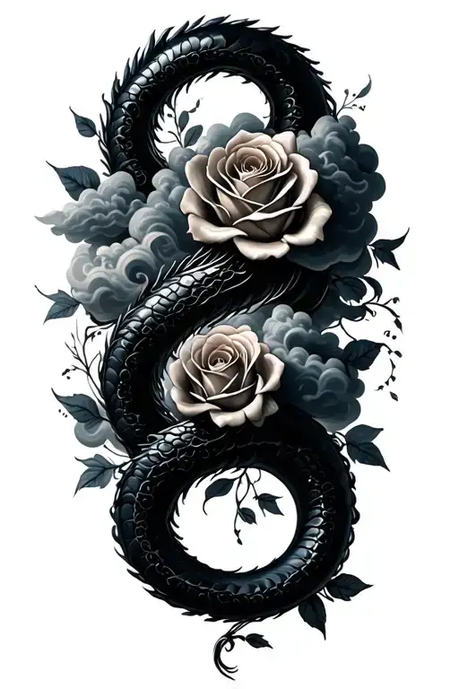Heavenly Onyx Cloud Serpent Wrapped With Clouds And Roses For A Half Sleeve