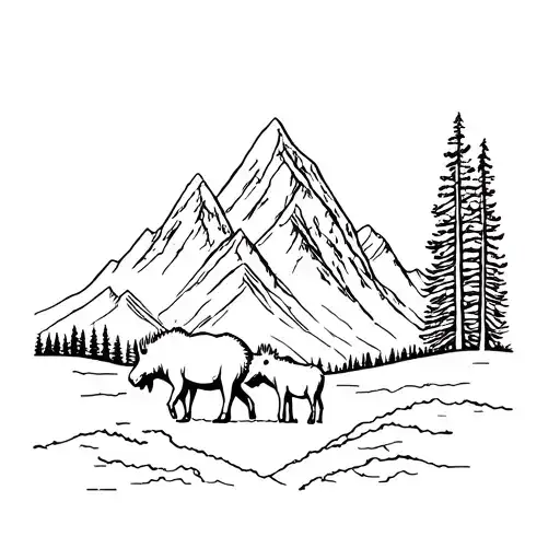 Outline Of Grand Tetons With Father And Mother Moose With Baby Moose