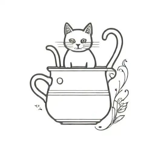 A Minimalist Tattoo Of A Cooking Pot With A Black Cat Peeking Out From Behind It