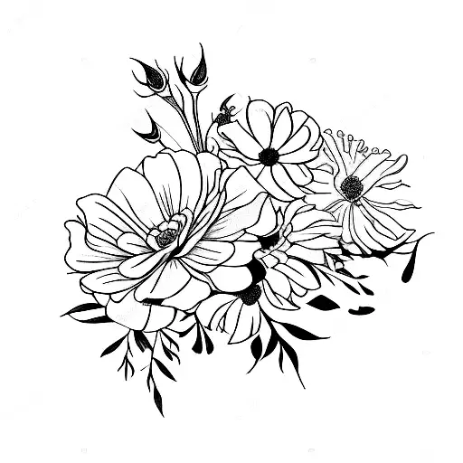 Bouquet Of Rose Cosmos And Marigold With The Stem