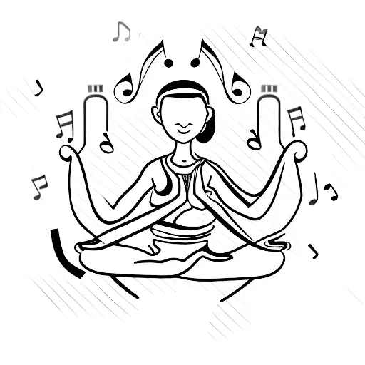 A Yoga Instructor Teaching A Class On A Beach With Music Notes Floating In The Air