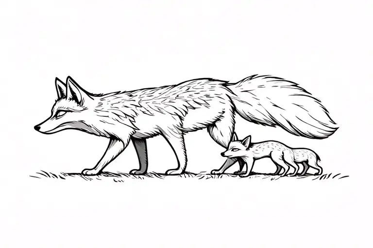 A Father Fox With 2 Baby Foxes Walking