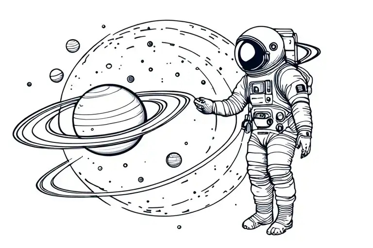 Ornamental Tattoo With The Planets Of The Solar System That An Astronaut Is Looking At