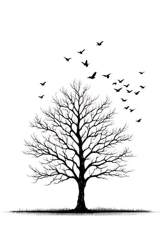 Bare Sycamore Tree With Birds Flying Away And