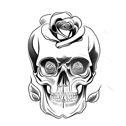 A Realistic Skull Sitting On Top Of A Singular Rose