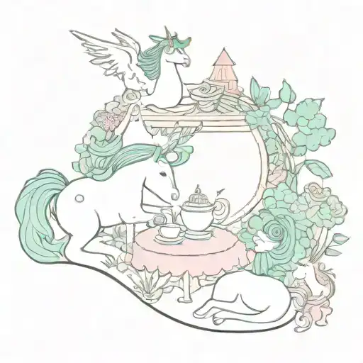 A Whimsical Scene Of A Unicorn And Kids Having A Tea Party In A Fairy Garden