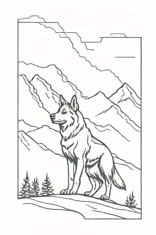 A Minimalist Design Of A German Shepard Service Dog Standing On A Mountain Peak