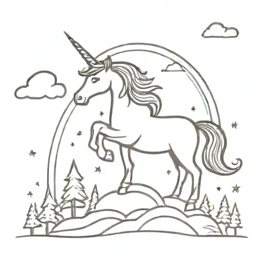 A Playful Unicorn Leaping Over A Rainbow In A Whimsical Forest Setting