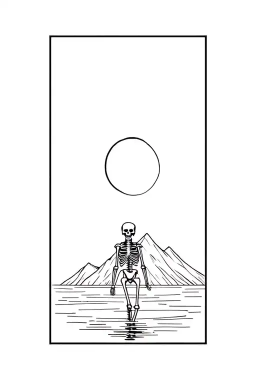 Skeleton Walking Into Water With Mountain In Background