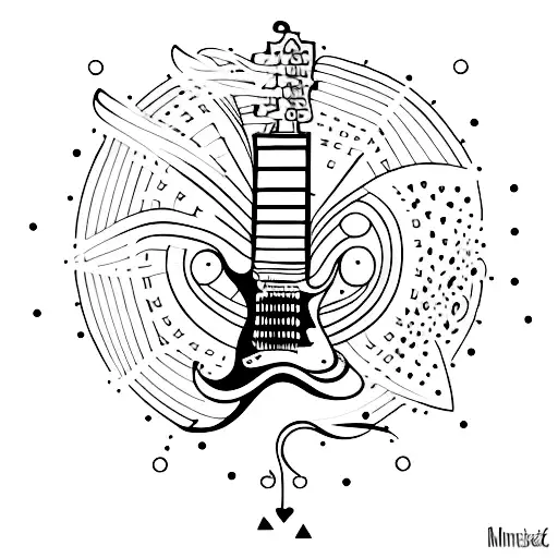A Minimalist Tattoo Design Of A Guitar With Intricate Musical Notes Swirling Around It