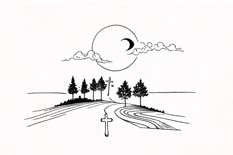 God Looking Down With Moon And Winding Road And Trees And Three Crosses At The Bottom