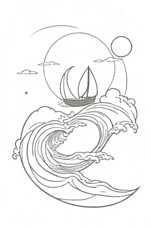Papier Boat On A Big Wave With The Moon Shining