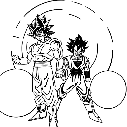A Minimalist Design Of Goku And Vegeta Posing With The Dragon Balls And Shenron In The Backround