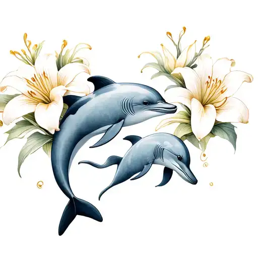 Baby Dolphin Holding Lilies And Golden Paintings