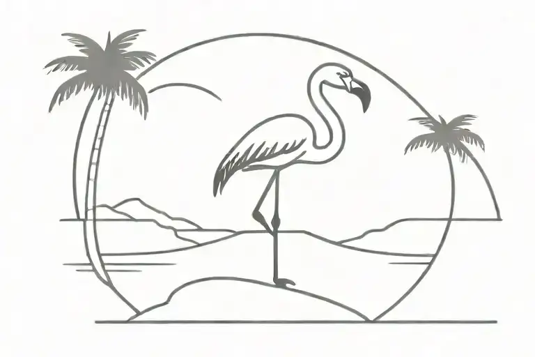 Ankle Tattoo Of Flamingo On Beach Shore With A Palm Tree And Sun In Background