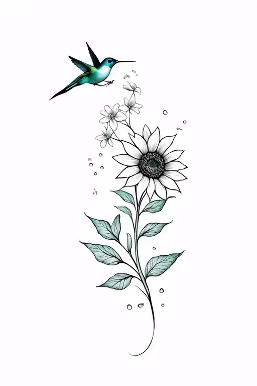 Sun Flower And Lilly With Small Flowers Leaves And A Humming Bird With Some Water Drops