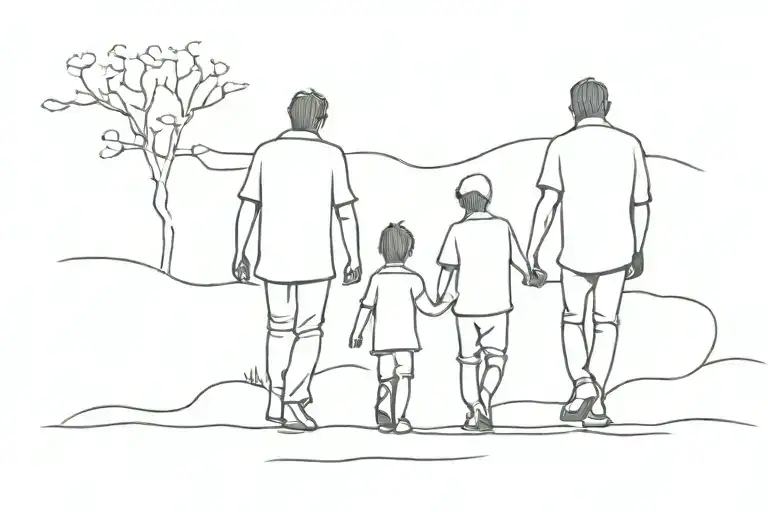 Silhouette Father And Two Sons Walking