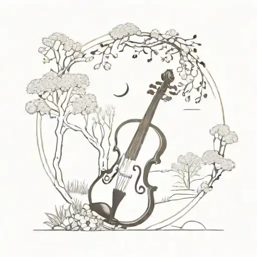 A Dotwork Tattoo Of A Serene Nature Scene With Hidden Violin And Drum Motifs