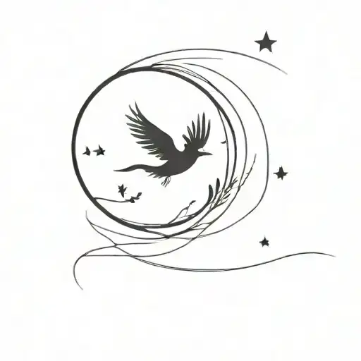Bird Flying In The Middle Of The Night And A Moon